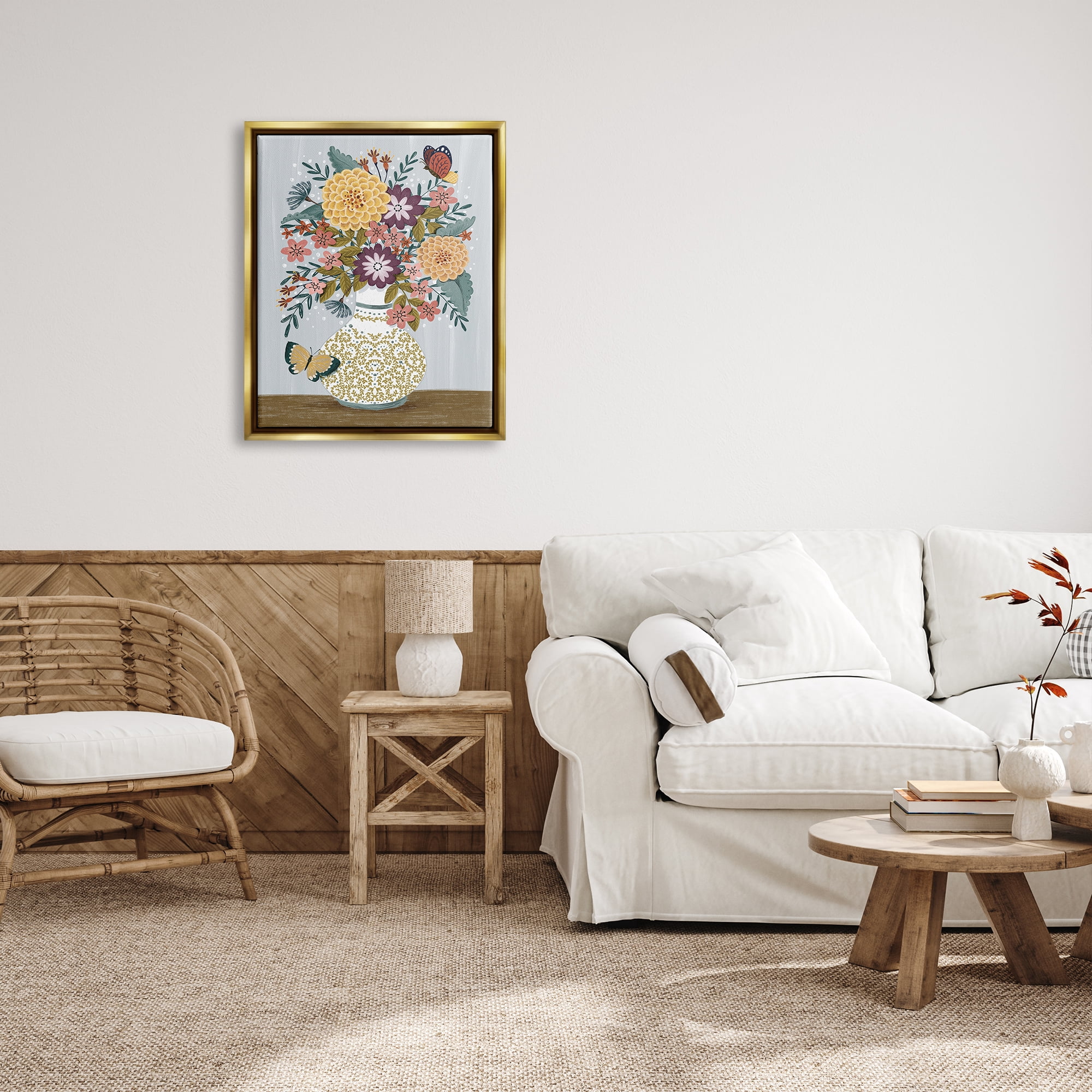 Stupell Industries Dahlia Bouquet & Butterflies Botanical & Floral Painting Gold Floater Framed Canvas Art Print Wall Art, 25 x 31