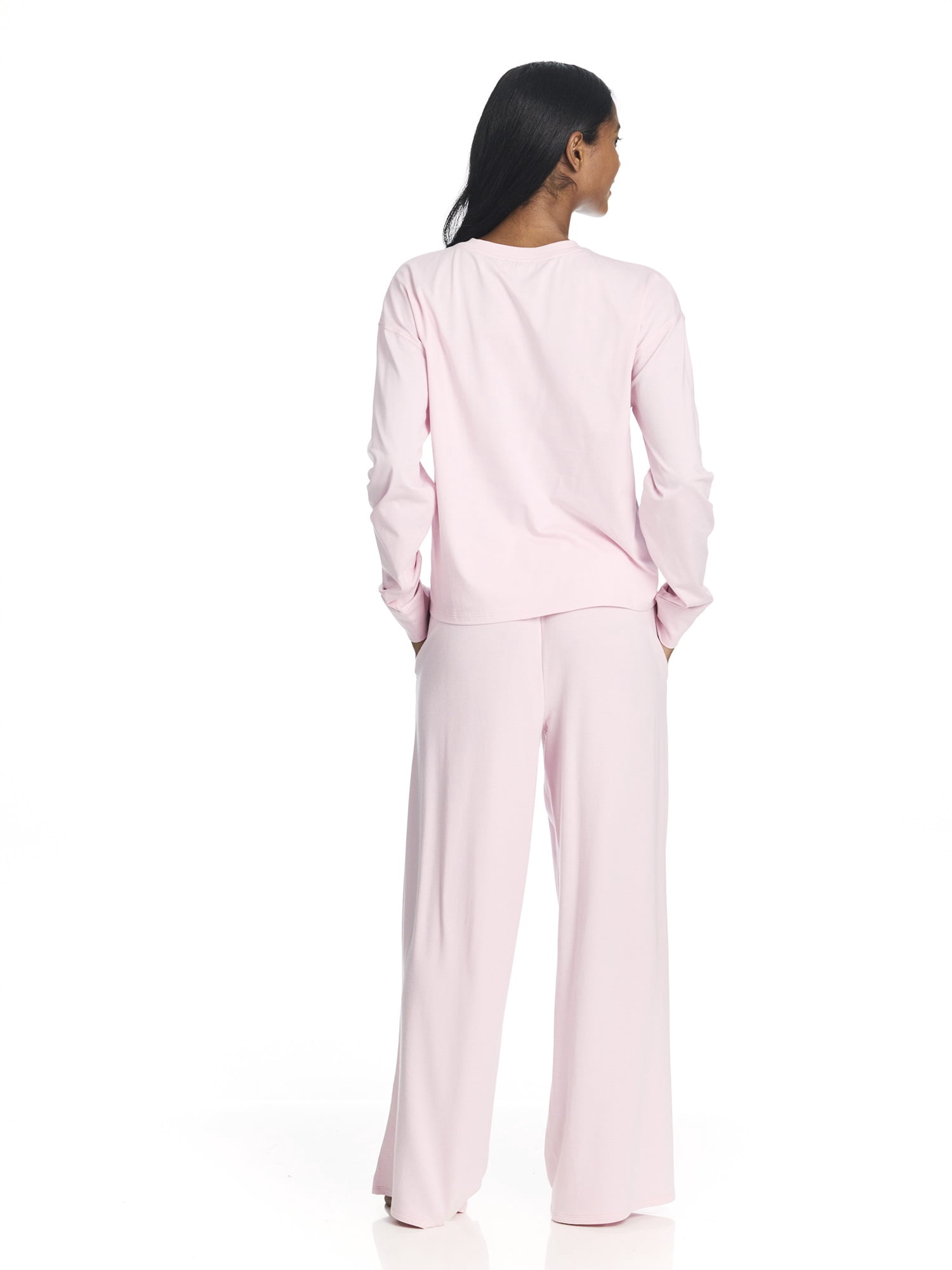 U.S. Polo Assn. Women's Long Sleeve Cotton Span Top and French Terry Wide Leg Pant Pajama Sleep Set, 2-Piece, Sizes S-3X