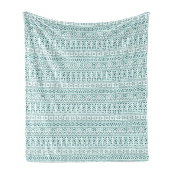 Ikat Soft Flannel Fleece Blanket, Inspired Horizontally Arranged Geometric Cold Toned Folkloric Forms, Cozy Plush for Indoor and Outdoor Use, 70" x 90", Cadet Blue Seafoam and White, by Ambesonne