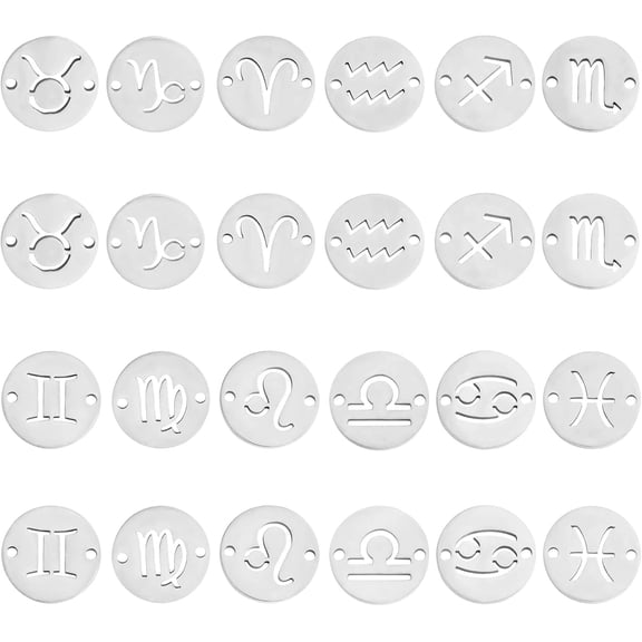 201 Stainless Steel 24 Pieces 12 Constellations Zodiac Charm Connector Stainless Steel Zodiac Charm Pendant for Jewelry Necklace Earring Making Crafts 201 Stainless Steel
