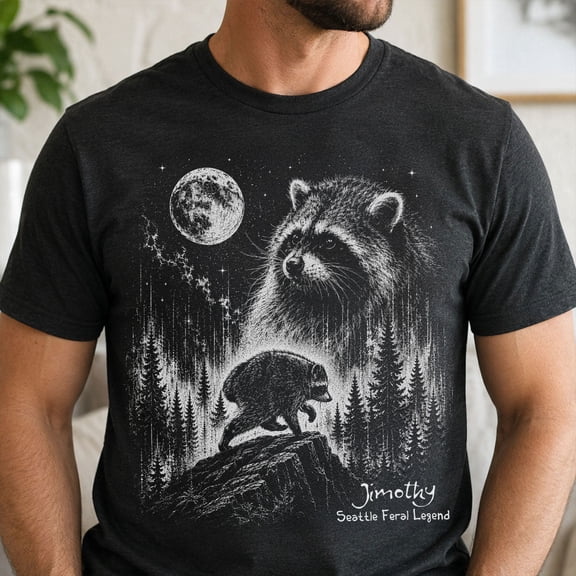 Jimothy Seattle Feral Legend Raccoon Northern Lights Galaxy Graphic T‑Shirt, Men’s 100% Cotton Short‑Sleeve Wildlife Meme Tee