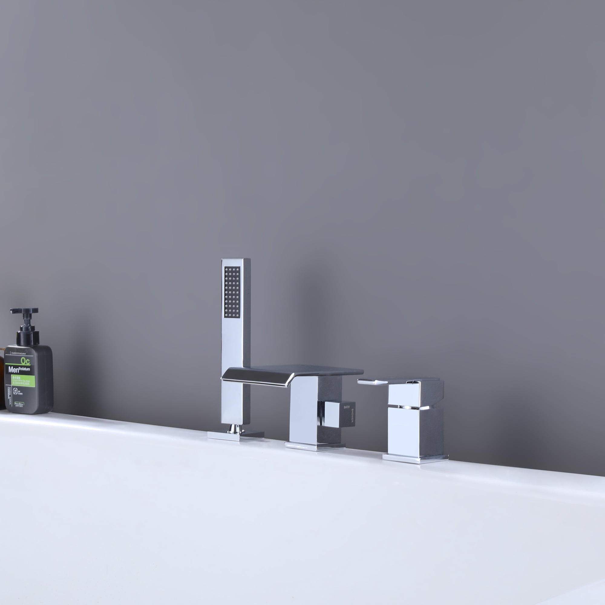 Three Holes Deck Mounted Roman Bathtub Faucet with Hand Shower, Widespread Waterfall Tub Filler