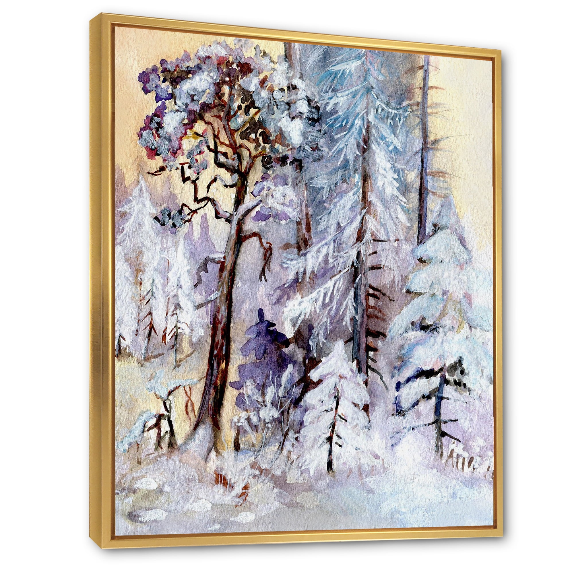 Designart 'The Lake With Winter Snowy Forest' Lake House Framed Canvas Wall Art Print
