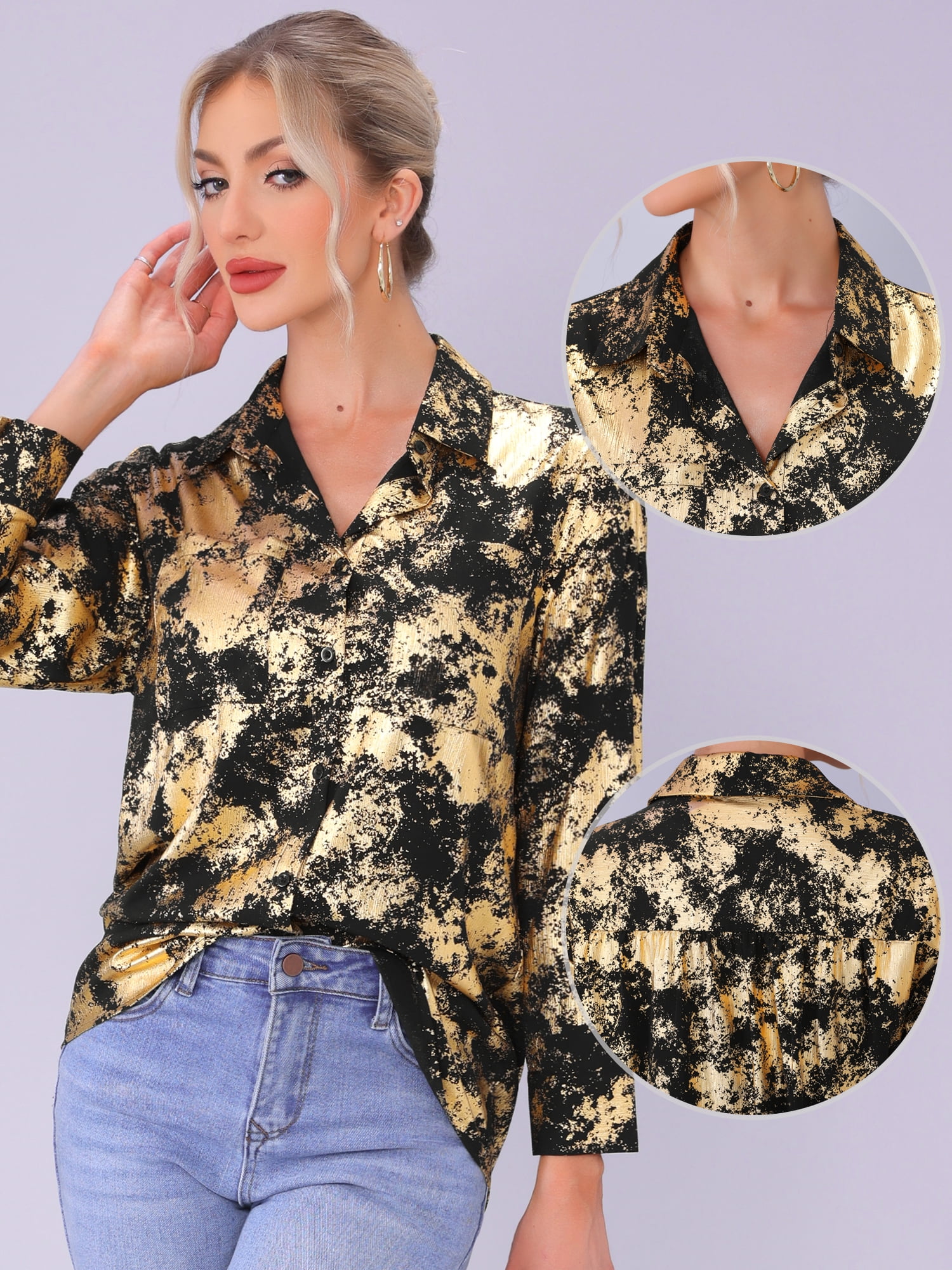 DARING DIVA Women's Button Down V Neck Long Sleeve Loose Blouse Shirt M Black