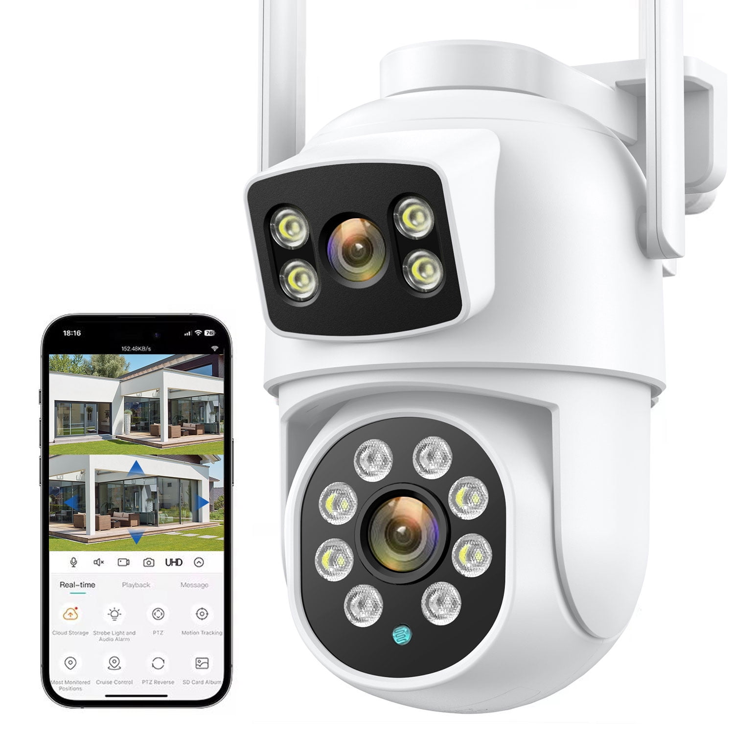 4k 8MP Security Camera Outdoor Dual Lens, 2.4Ghz&5Ghz WiFi 360° PTZ Surveillance Camera with Dual Screen,2-Way Audio,Color Night Vision,Auto Tracking,IP66 Waterproof