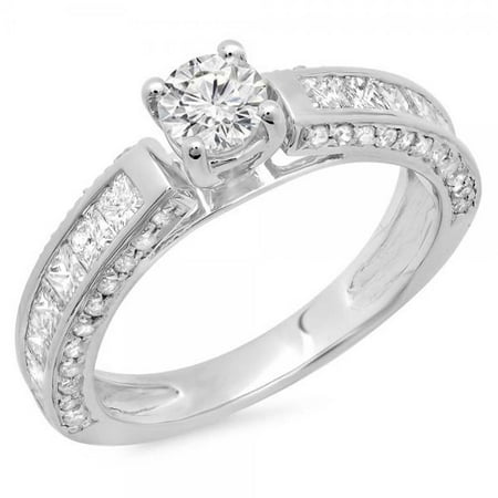 Ctw Round Cut Diamond Solitaire - 1.75 Carat (ctw) 18K White Gold Round & Princess Cut Diamond Ladies Solitaire With Accents Bridal Engagement Ring 1 3/4