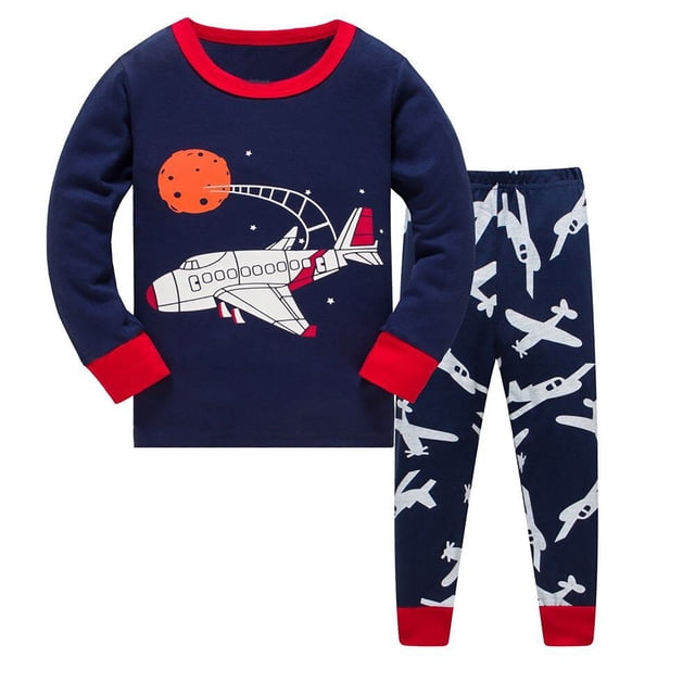 Pyjamas de Noël pour Enfants Père Noël Col Rond Manches Longues Ensemble Haut Pantalon Pjs de Vacances Bleu Foncé Imprimé Pyjamas Filles 5-6 Ans