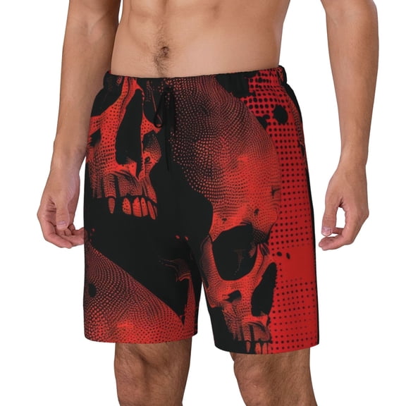 Picia Red And Black Abstract Skull pattern Mens Swim Trunks with Compression Liner Stretch Beach Shorts Quick Dry with Zipper Pockets No-Chafing Board Shorts-Small