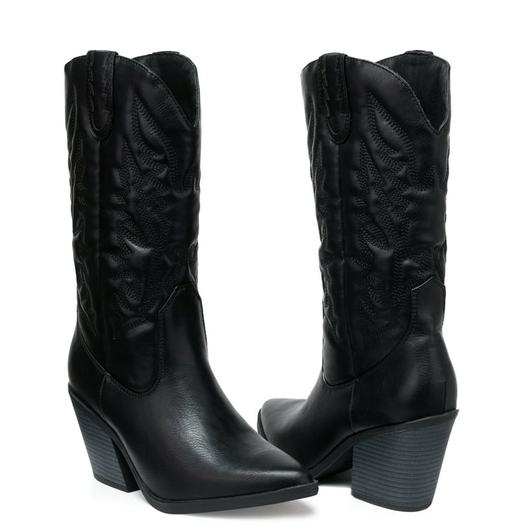FAMITION Cowgirl Boots for Women Pointy Toe Women s Western Boots Cowboy Boots Pull On Mid Calf Chunky Heel Boots Black 6