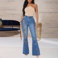 thumbnail image 2 of Denim Pantalones con botones para mujer, pantalones con microagujero, pantalones ajustados, pantalones de cintura alta para mujer (Dark Azul, S), 2 of 5