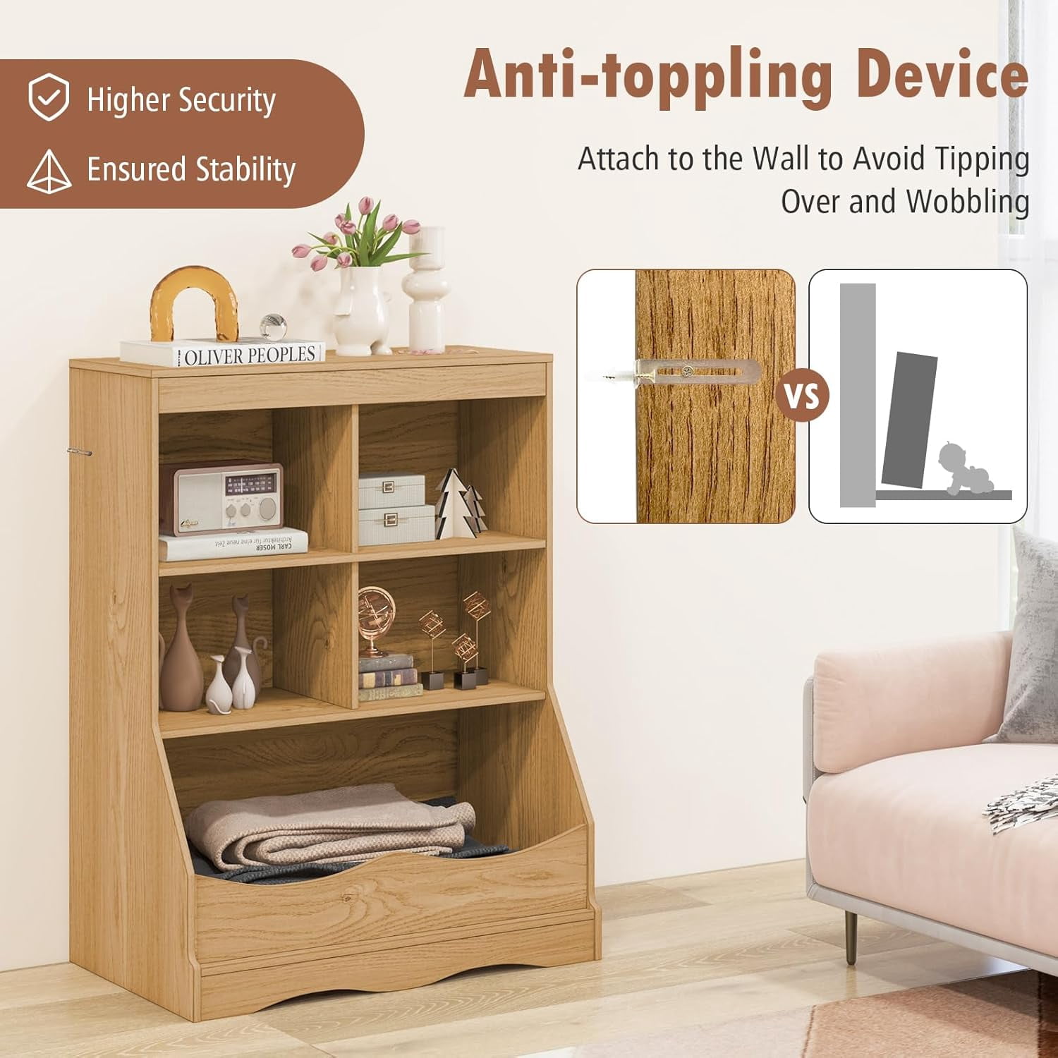 LINJH Storage Cabinet, Small Bookshelf, Short Bookcase with 4 Open Cube & Bottom Compartment, Anti-Tipping Device, Foot Pads, Cubby Storage Organizer for Study, Living Room-Natural