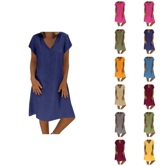 Sundresses for Women Cotton Linen Short Sleeve V Neck Loose Fit Flowy Midi Dress Summer Beach Vacation Dress