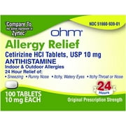 Ohm Cetirizine 10 mg Tablet - All Day Allergy Relief - 100 Count - Anti-Histamine for Hay Fever, Pollen, Dry Itchy Eyes - Effective Relief from All Day Allergies