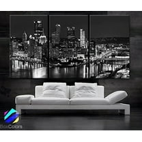 BoxColors - Large 30"x 60" 3 Panels 30"x20" Ea Art Canvas Print Pittsburgh Downtown City Skyline Black and White Wall Home decor (Framed 1.5" Depth)