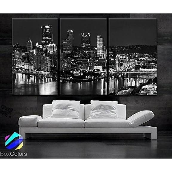 BoxColors - Large 30"x 60" 3 Panels 30"x20" Ea Art Canvas Print Pittsburgh Downtown City Skyline Black and White Wall Home decor (Framed 1.5" Depth)