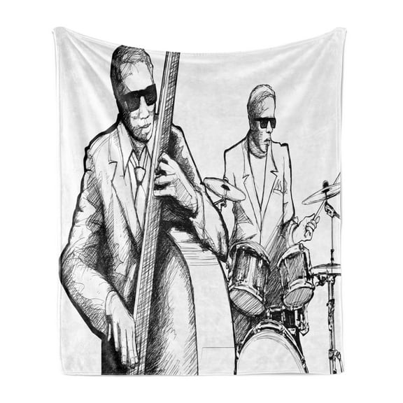 Jazz Music Soft Flannel Fleece Throw Blanket, Illustration of a Jazz Band Musicians Playing Drum Music Concert Performance, Cozy Plush for Indoor and Outdoor Use, 60" x 80", Black White, by Ambesonne
