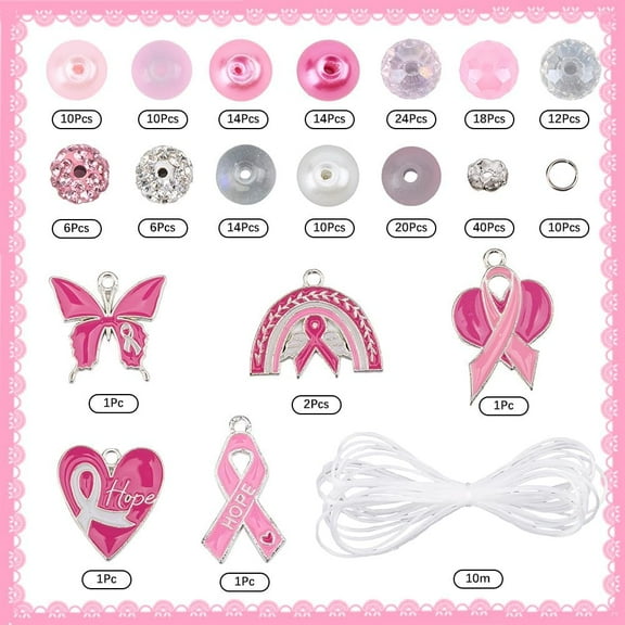 1 Box 6 Sets Pink Bracelet Making Kit Breast Cancer Awareness Bracelets Glass Beads Bow Heart October Ribbon Charms for Jewelry Making Kits Supplies Handmade Women Beginners Adults Starter