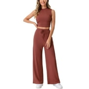 INSPIRE CHIC Women's 2 Piece Casual Sets Crew Neck Sleeveless Cropped Tank Wide Leg Pants Summer Lounge Set