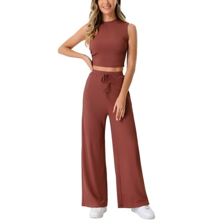 INSPIRE CHIC Women's 2 Piece Casual Sets Crew Neck Sleeveless Cropped Tank Wide Leg Pants Summer Lounge Set