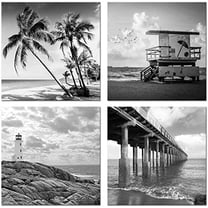 Black and White Beach Wall Art Florida Seascape Painting Lighthouse Lifeguard Tower Pier Picture Print Streched Framed Artwork for Home Office Living Room Bedroom Decoration Ready to Hang