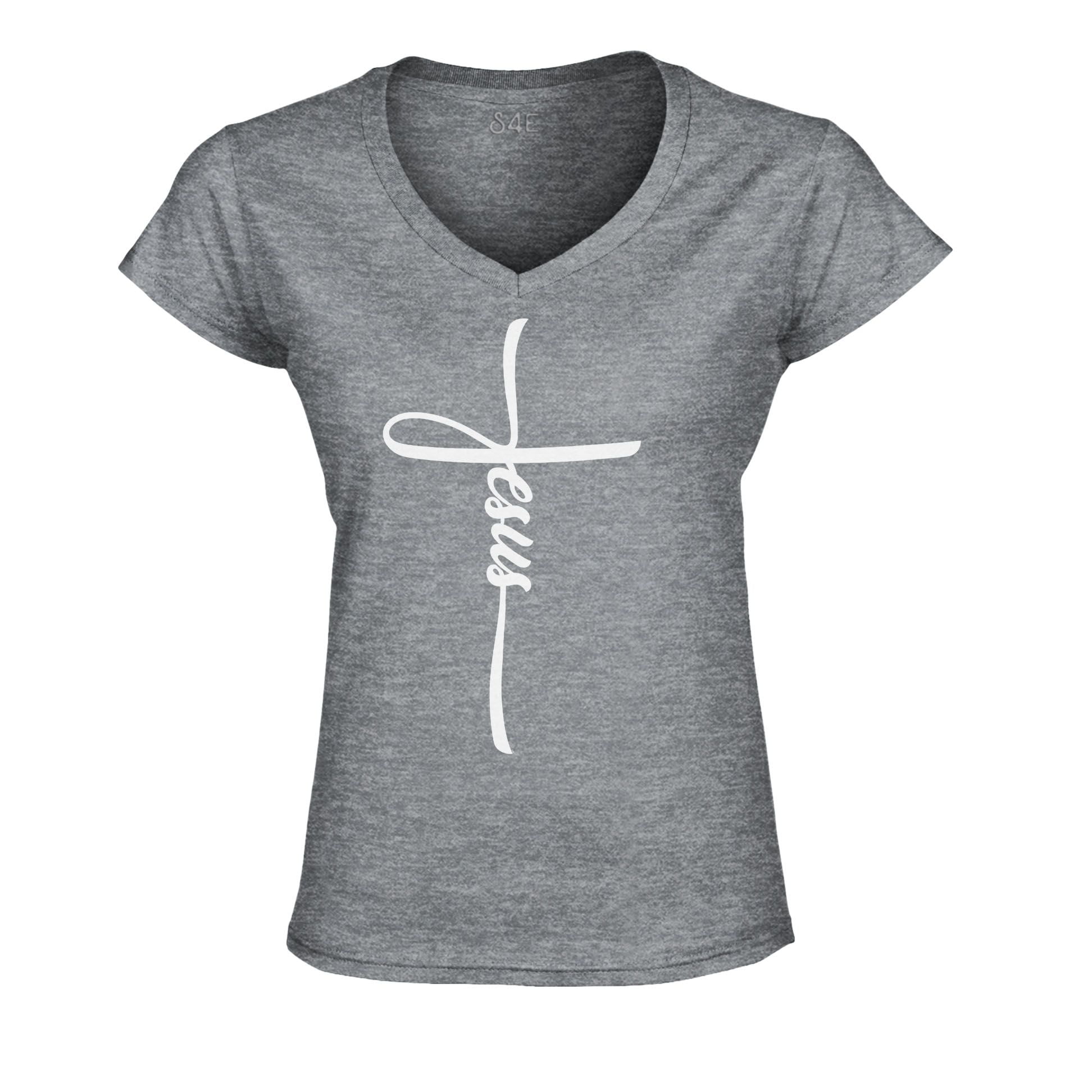 S4E Women's Jesus Cross Religious Slim Fit V-Neck T-Shirt XX-Large ...