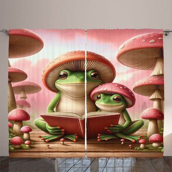 Ambesonne Funny Curtains 2 Panel Set, Mushroom Smiling Frog Family, 108" x 84", Coral Lime Green and Caramel