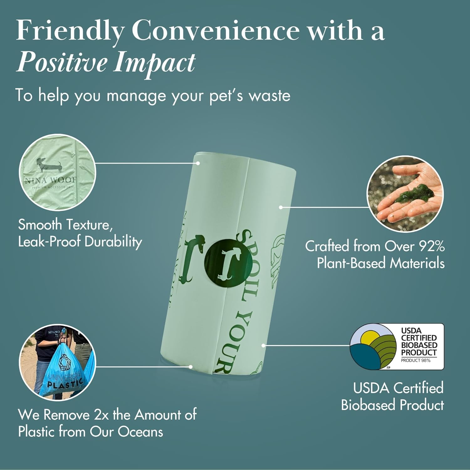 Eco-Friendly 92% Plant-Based Dog Poop Bags Rolls -90 Extra Thick, Durable, Leak-Proof, Odorless, Convenient Disposal - USDA Certified, Heavy-Duty Trash Bags and Garbage Bags