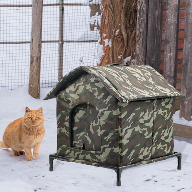 Casa para gatos al aire libre con base elevada, a prueba de viento, portátil, proporciona a los gatos callejeros un refugio cálido en invierno, ideal L