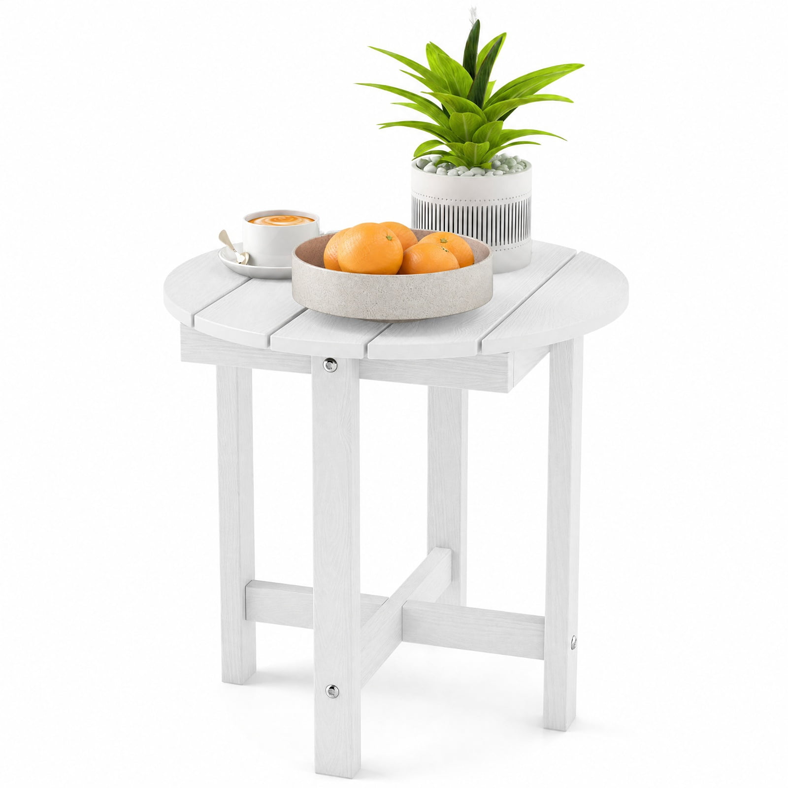 Biotree 18 Inch Adirondack Side Table Outdoor, All-Weather HIPS End Table with Wood-Grain Slatted Top and X-Base for Deck Porch Poolside, White