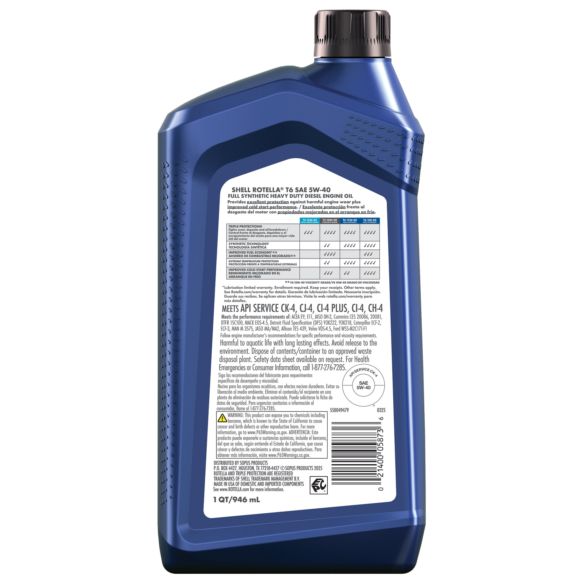 Shell Rotella T6 Full Synthetic 5W-40 Diesel Engine Oil, 1 Quart
