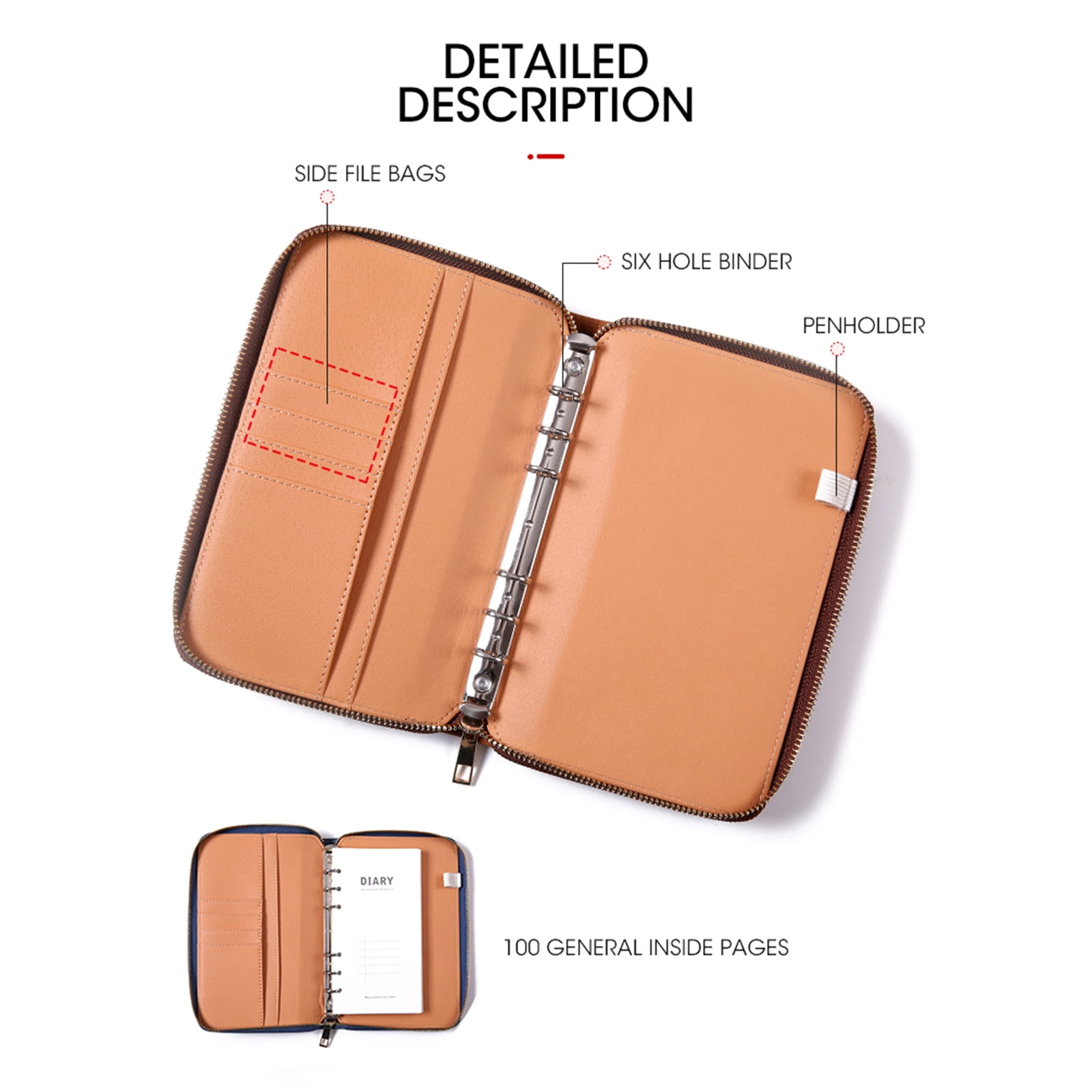 Refillable PU Leather 6-Ring Binder Cover with Zippered Closure, Card Pocket & Elastic Pen Slot