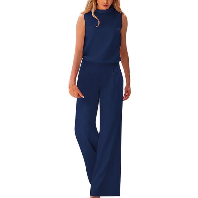 TrendOFT Combinaisons Habillées pour Femmes Mode Été Coupe Ample Sans Manches Col Rond Combinaisons une Pièce Bleu m