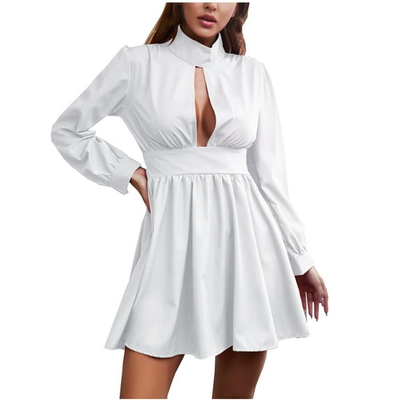 biudgviw Womens Fashion Dresses Trendy Long Sleeve Hollow out High Neck Comfy Dress Mini Dress Pleated Party Club Dress