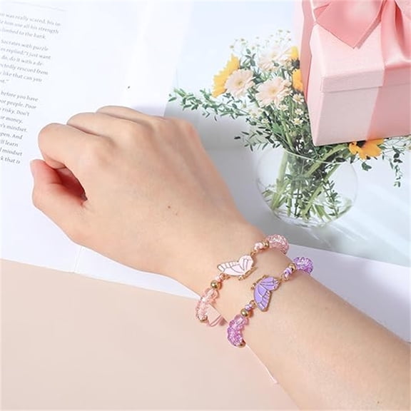 Matching Butterfly Friendship Bracelets,2pcs Adjustable Butterfly Charm Bracelet Set,Pink Purple Handmade Braided Bracelets for Gifts