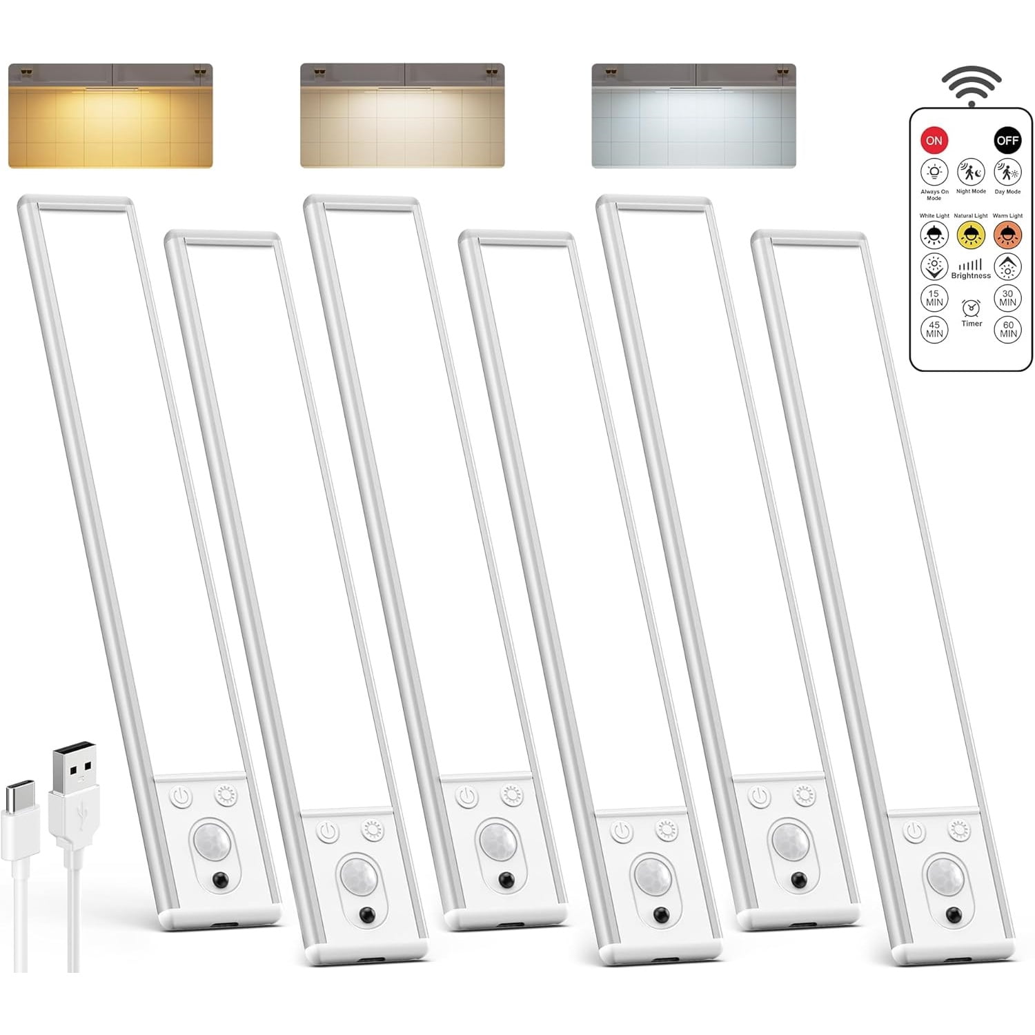 Under Cabinet Lighting Wireless, 2200mAh Rechargeable Battery Operated Motion Sensor Light Indoor, 3 Color Temps Under Counter Light, Dimmable Wireless Closet Lights w/Remote for Kitchen,Pantry,6 Pac
