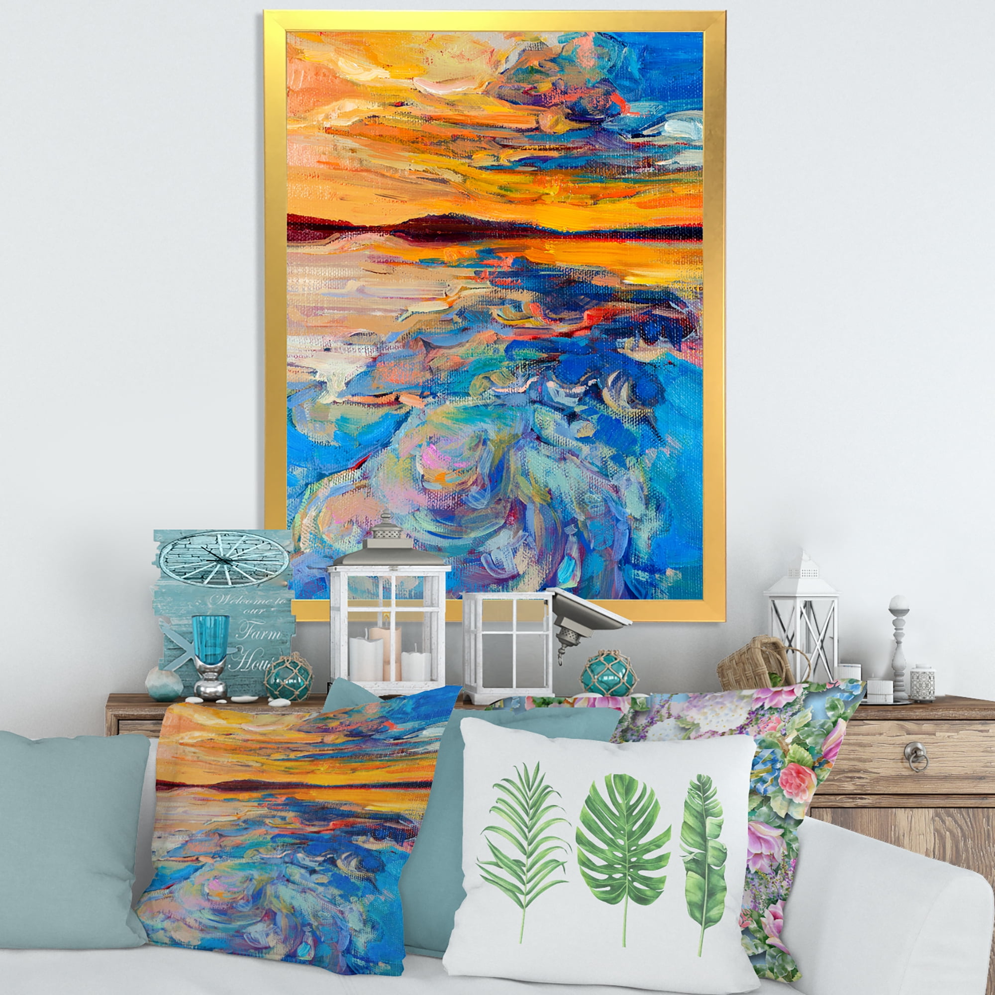 Designart 'Whirly Blue Waves Under Orange Sunset' Nautical & Coastal Framed Art Print