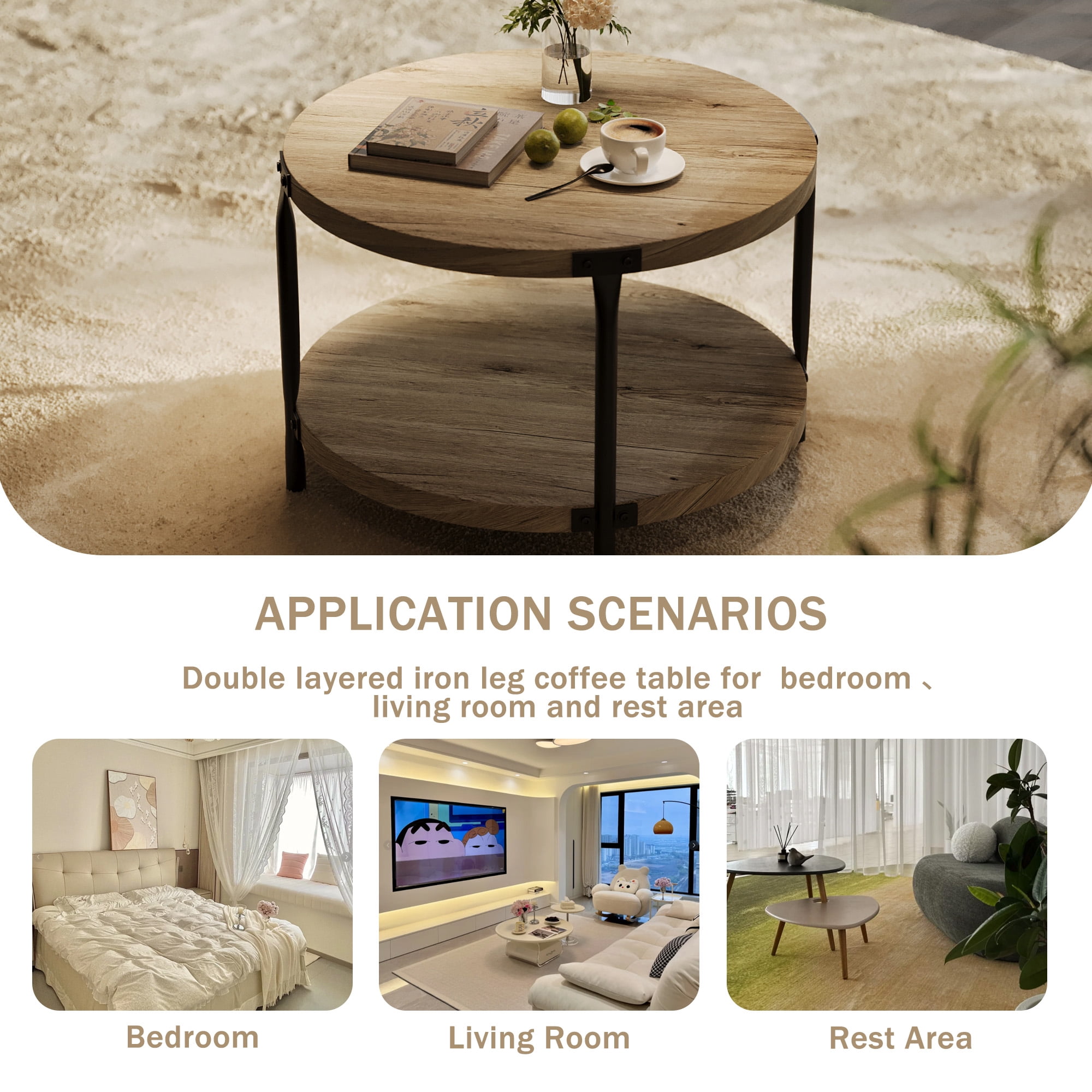 Modern Minimalist Round Coffee Table 29.61" MDF Double Layer Open Storage Easy Assembly for Living Room Study Room