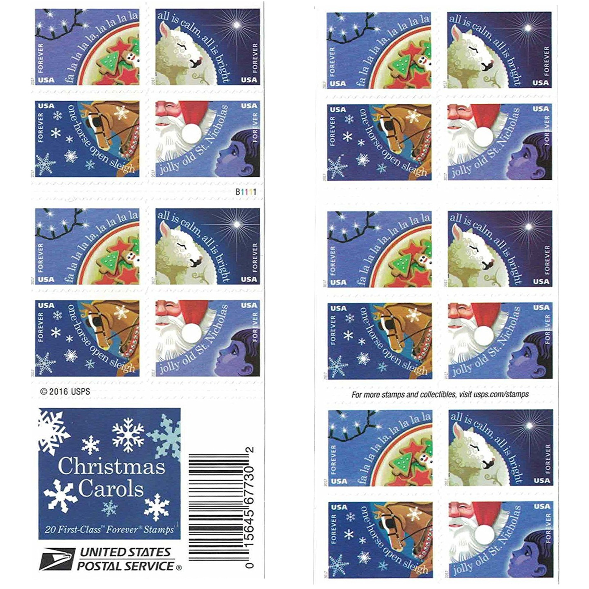 Christmas Carols 1 Book of 20 USPS First Class Postage Stamps Holiday Celebration Gifts 