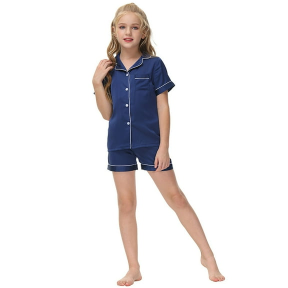 YTDSCS Girls Boys Satin Pajamas 2PCS Sets for 5-14 Years Toddler Summer Button-Down Pjs Short Sleeve Silk Nightwear Shorts Jammies Outfit for Kids Teen
