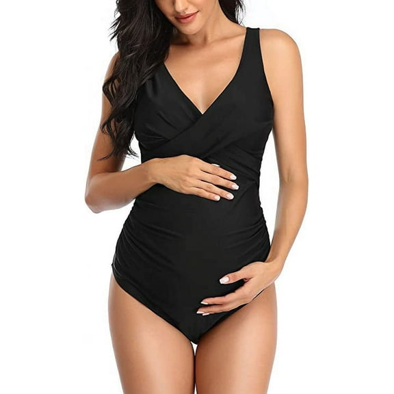 Summersunshine Maternity One Piece Swimwear Front Cross Pregnancy Swimsuit Bathing Suit Maternity Bikini Black L
