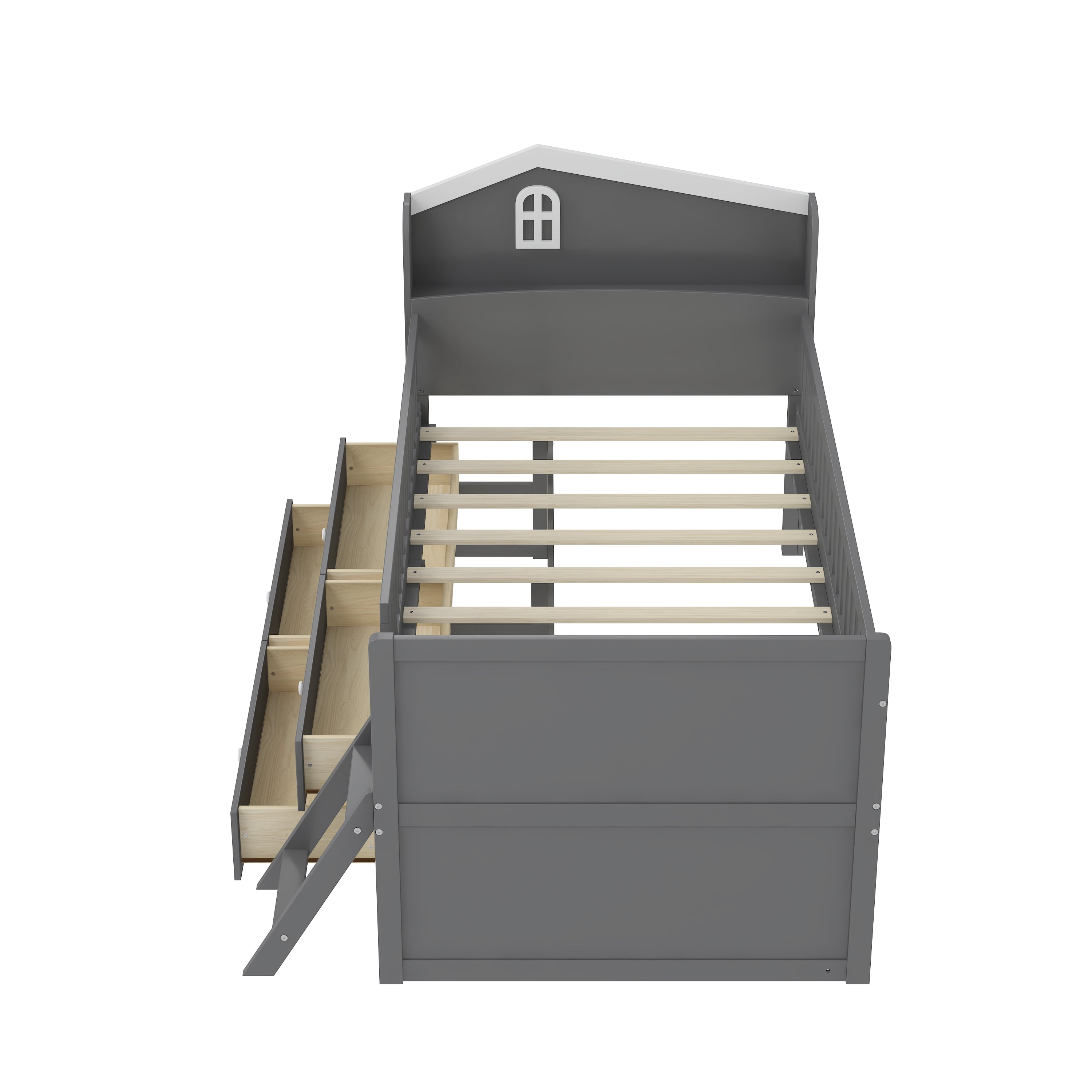 Euroco Wood Twin Size Platform Bed with Drawers, House Bed with Storage and Ladder, Gray