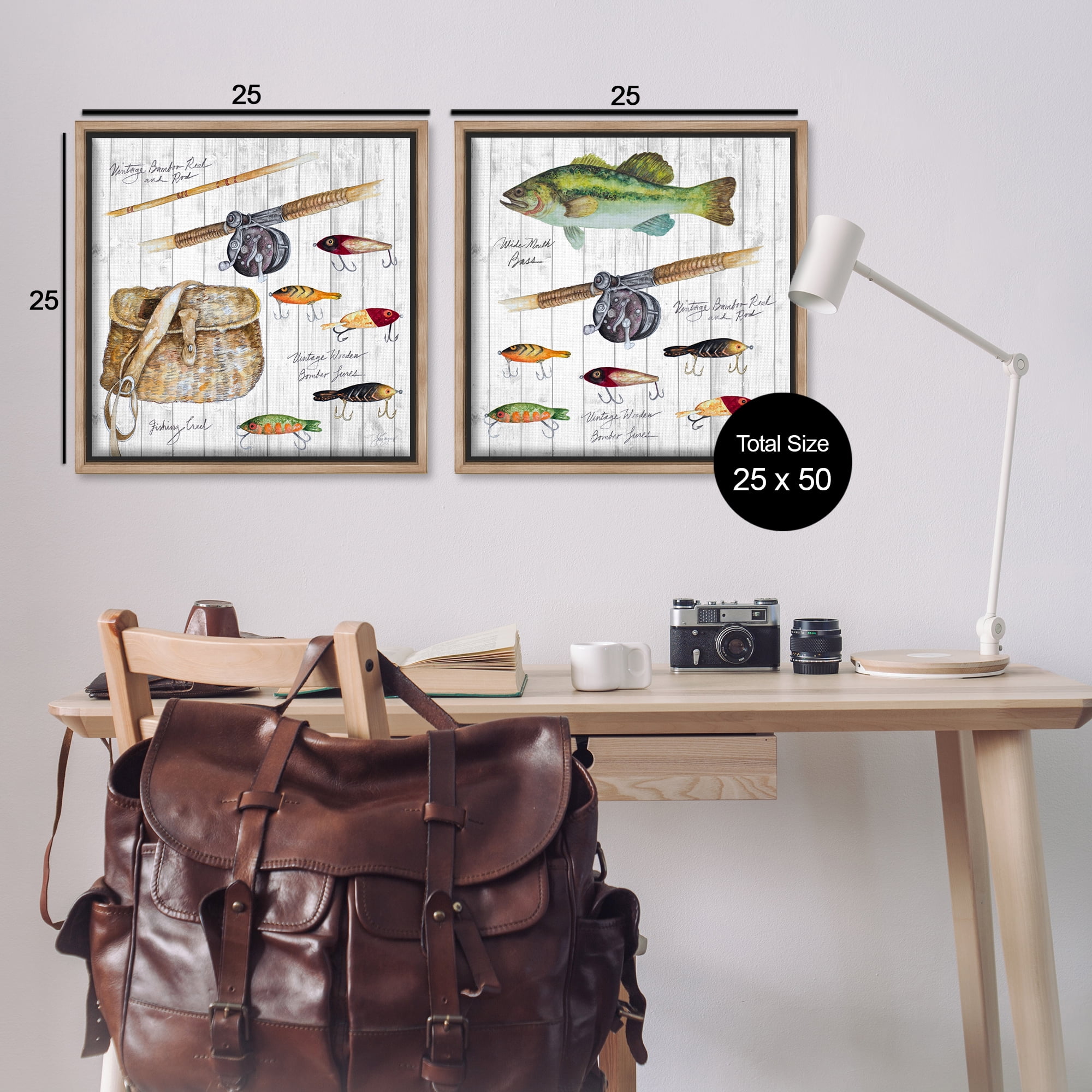 Stupell Industries Vintage Fishing Gear Sports Painting Brown Floater Framed Canvas Art Print Wall Art, 25 x 25, Set of 2