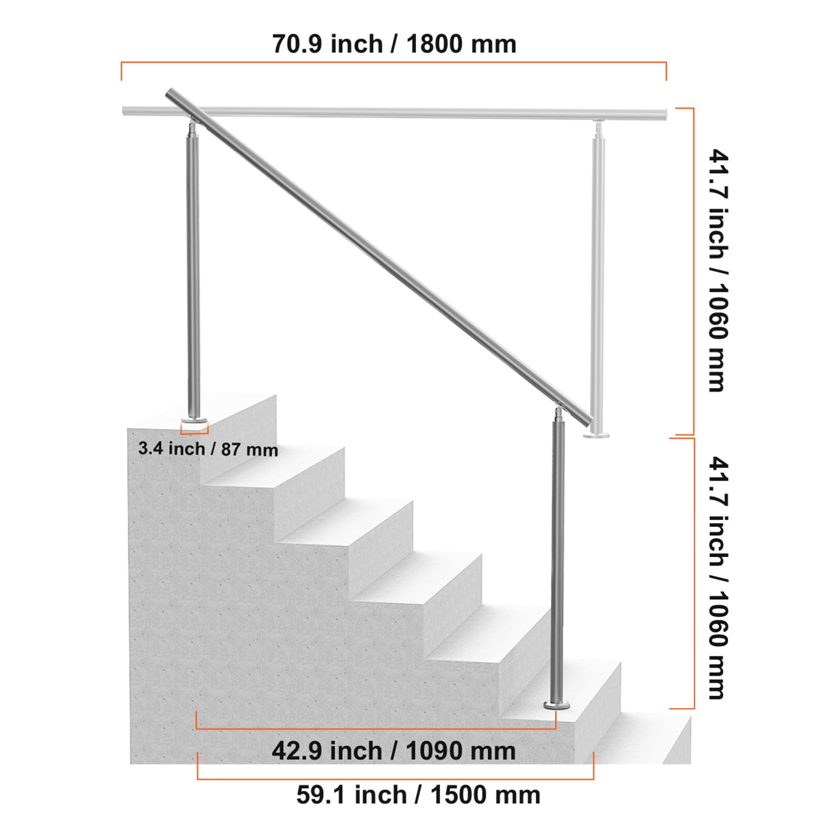 KFFKFF Handrails for Outdoor Steps, 70.9 in/180 cm Stair Rail Kit, Durable Stainless Steel Railings with Installation Accessories, Double-Column Handrails for Porch, Deck, and Senior Safety