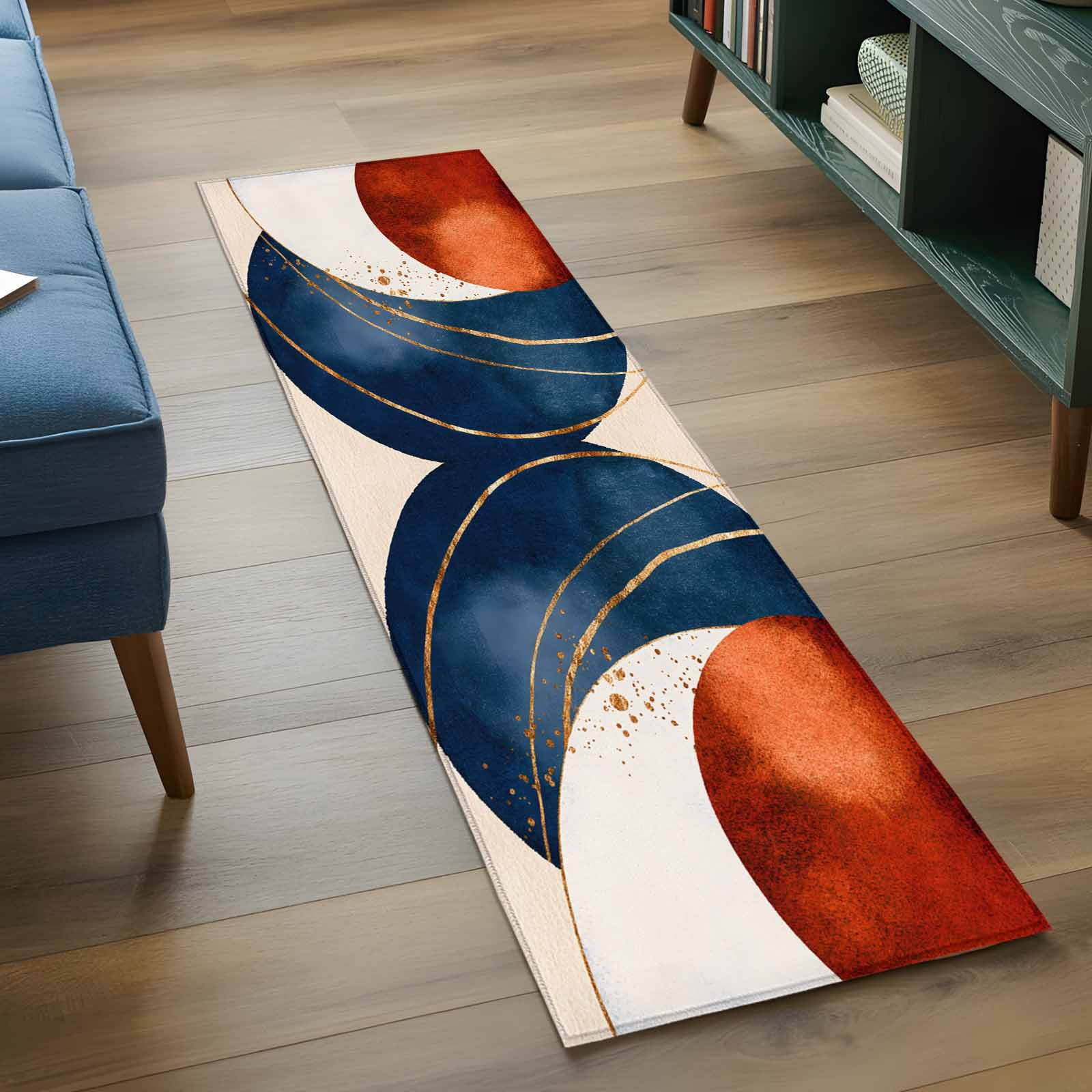2'x6' Rug Runners for Hallways Kitchen, Navy Blue Burnt Orange Non Slip Entryway Beside Floor Carpet Runner, Modern Boho Art Geometric Washable Laundry Room Bedroom Throw Rugs Mat for Family Pet