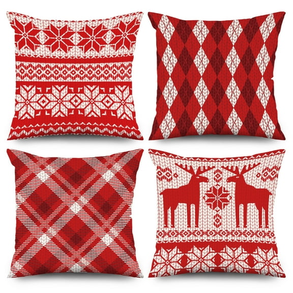 Pbobriich Christmas Throw Pillow Cover Set of 4,Red Plaid Reindeer Pillowcase for Living Room Home Decor,18x18