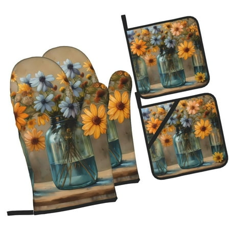 

Tebeau Charming Daisy Bouquet Art Print 4 Pcs Oven Mitts and Pot Holders 500°F High Heat Resistant Kitchen Oven Mitts with Pot holders Long Oven Mitts for Baking and Cooking