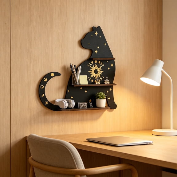 Linnome Wood Wall Mount Storage Shelf Cat Pattern Floating Organizer Rack for Bathroom Bedroom Living Room Small Sundry Display Decor