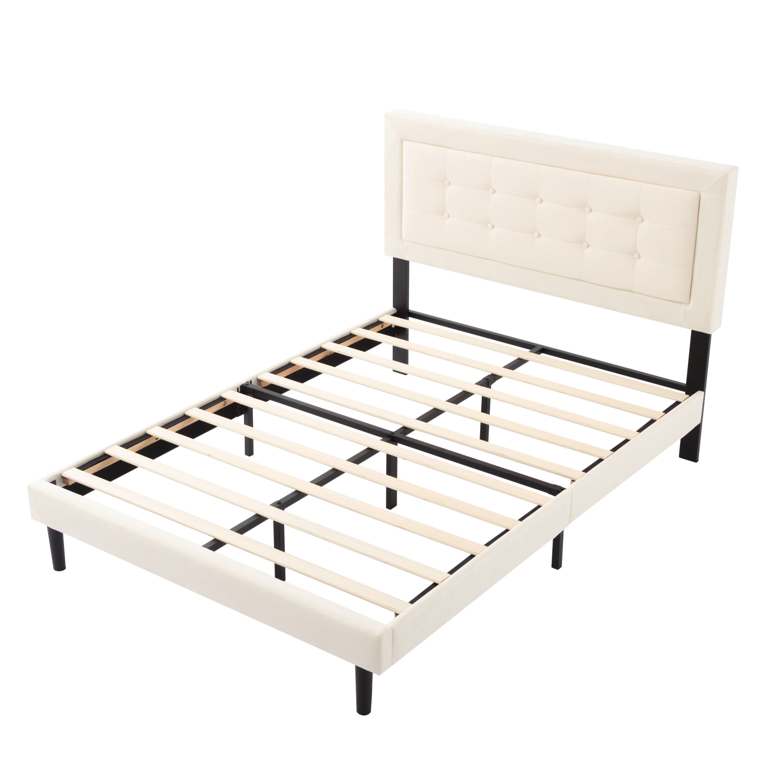 BSHTI Full Size Platform Bed Frame with Square Tufted Upholstered Headboard – Solid Wood Frame, 10 Wood Slats, Center Support Leg, Under-Bed Clearance, No Box Spring Needed, Beige