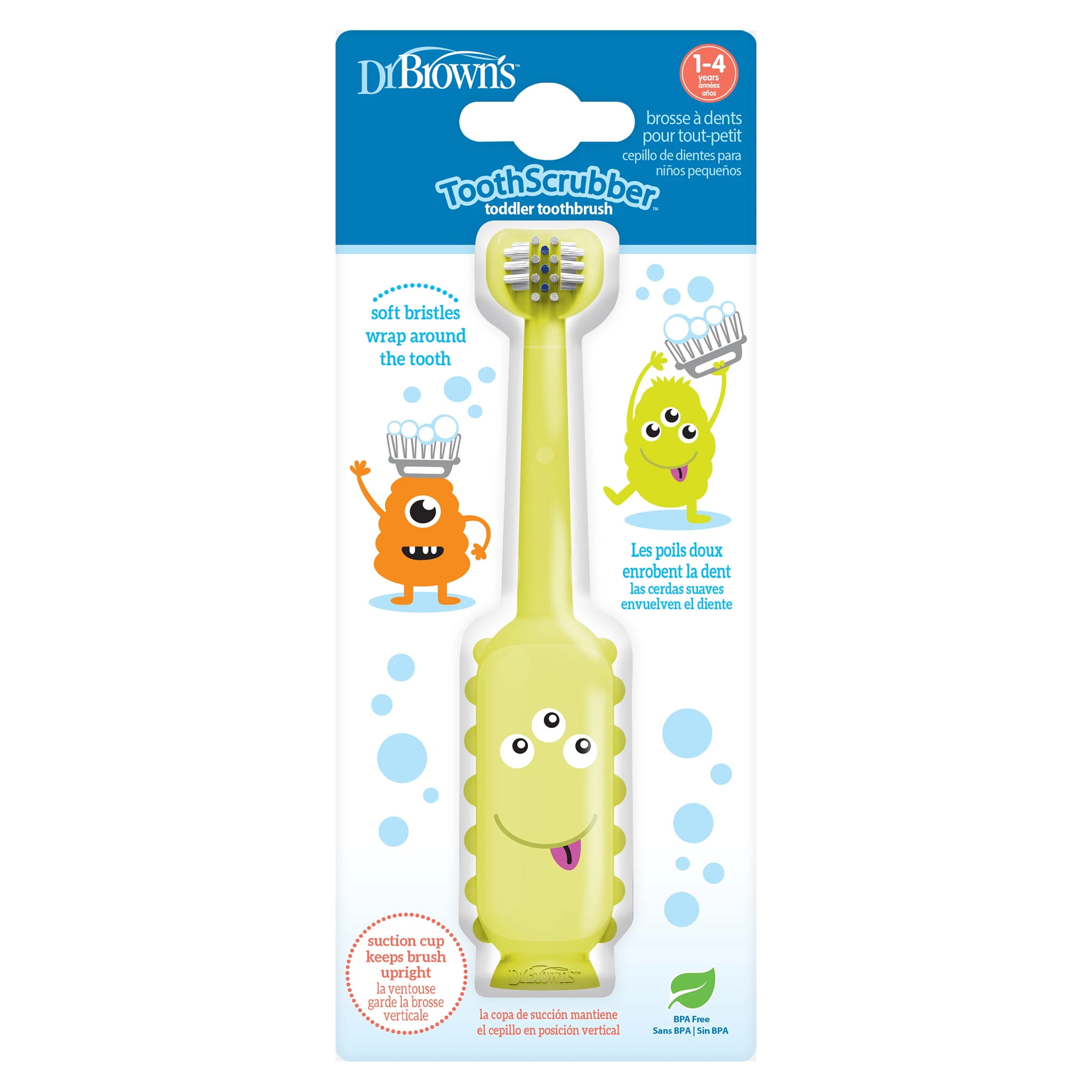 Dr. Brown's ToothScrubber Toothbrush, 3-Sided, Color Changing Bristles, Suction Base, Yellow, 1-4Y