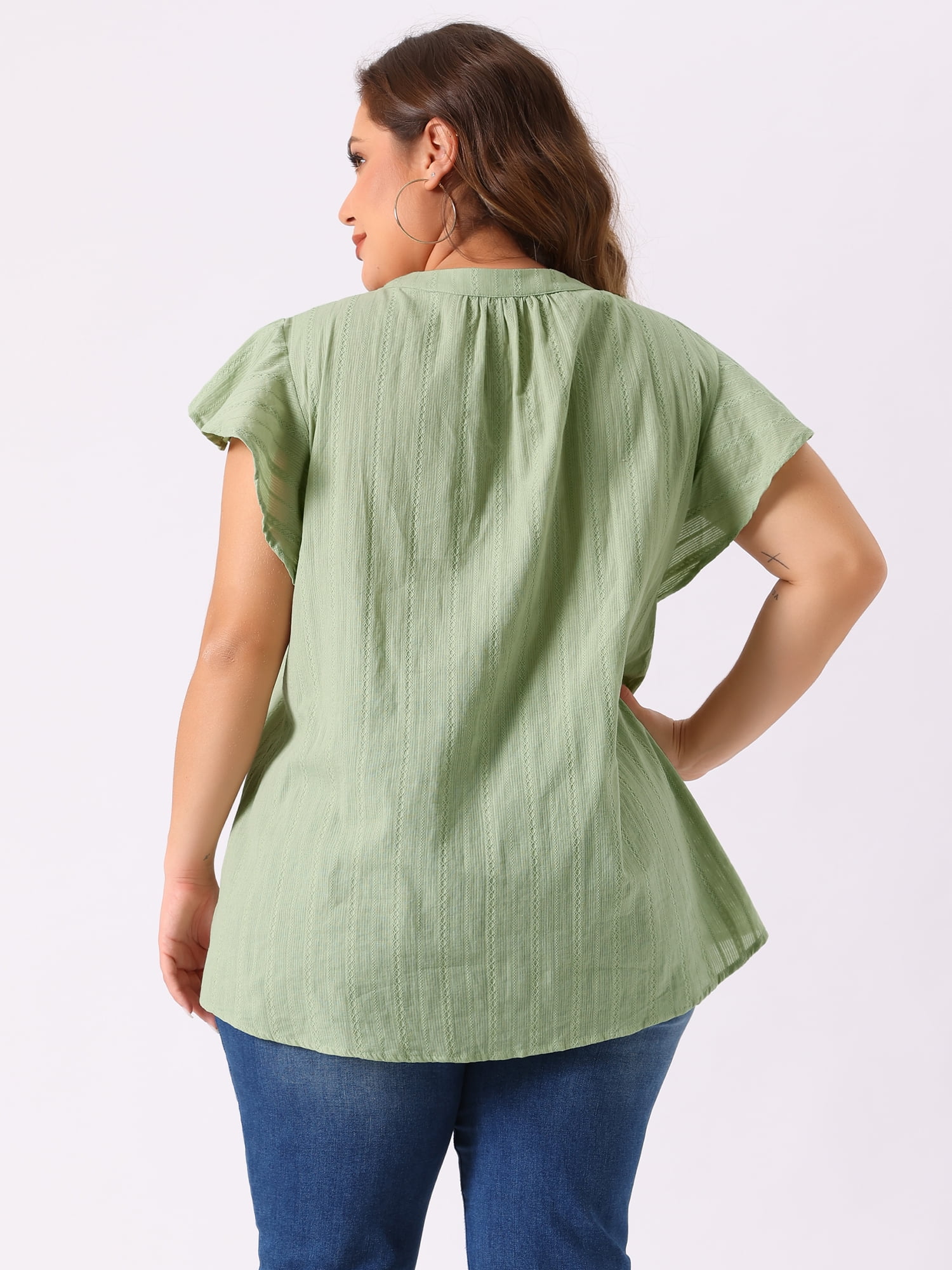 DARING DIVA Women's Plus Drawstring Split V Neck Flutter Sleeve Tunic Top 1X Green